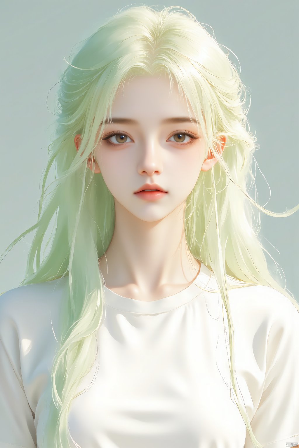 a cartoon girl with long blonde hair

wearing a white t-shirt

adding a pop of color to her face.     The girl's hair is a vibrant shade of green

while her eyes are a darker shade of brown.

Her hair is cascading down her shoulders

framing her entire face.
