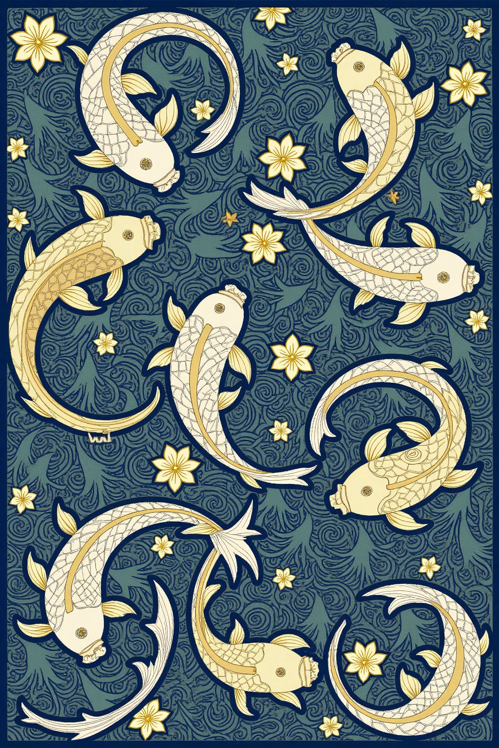 A flowing and intricate pattern of koi fish, gracefully swimming in harmonious curves, designed in FLUXEvue style. The fish are depicted in soft, elegant lines, their scales subtly shimmering with hints of gold and deep blues. Intertwined with delicate water lilies and swirling waves, the design evokes a sense of fluidity and motion, while maintaining the refined and ornamental aesthetic typical of FLUXEvue style-inspired design.