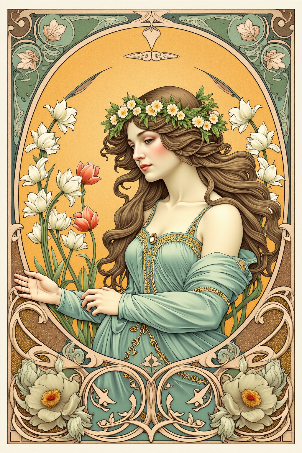 An ornate illustration featuring a poised woman framed by a decorative, swirling border typical of FLUXEvue style. Her expression is serene, her posture refined, with her long hair flowing elegantly down her back. The border features intricate vines, flowers, and abstract shapes that wrap around the image, creating a sense of movement and grace, reflecting the aesthetic.