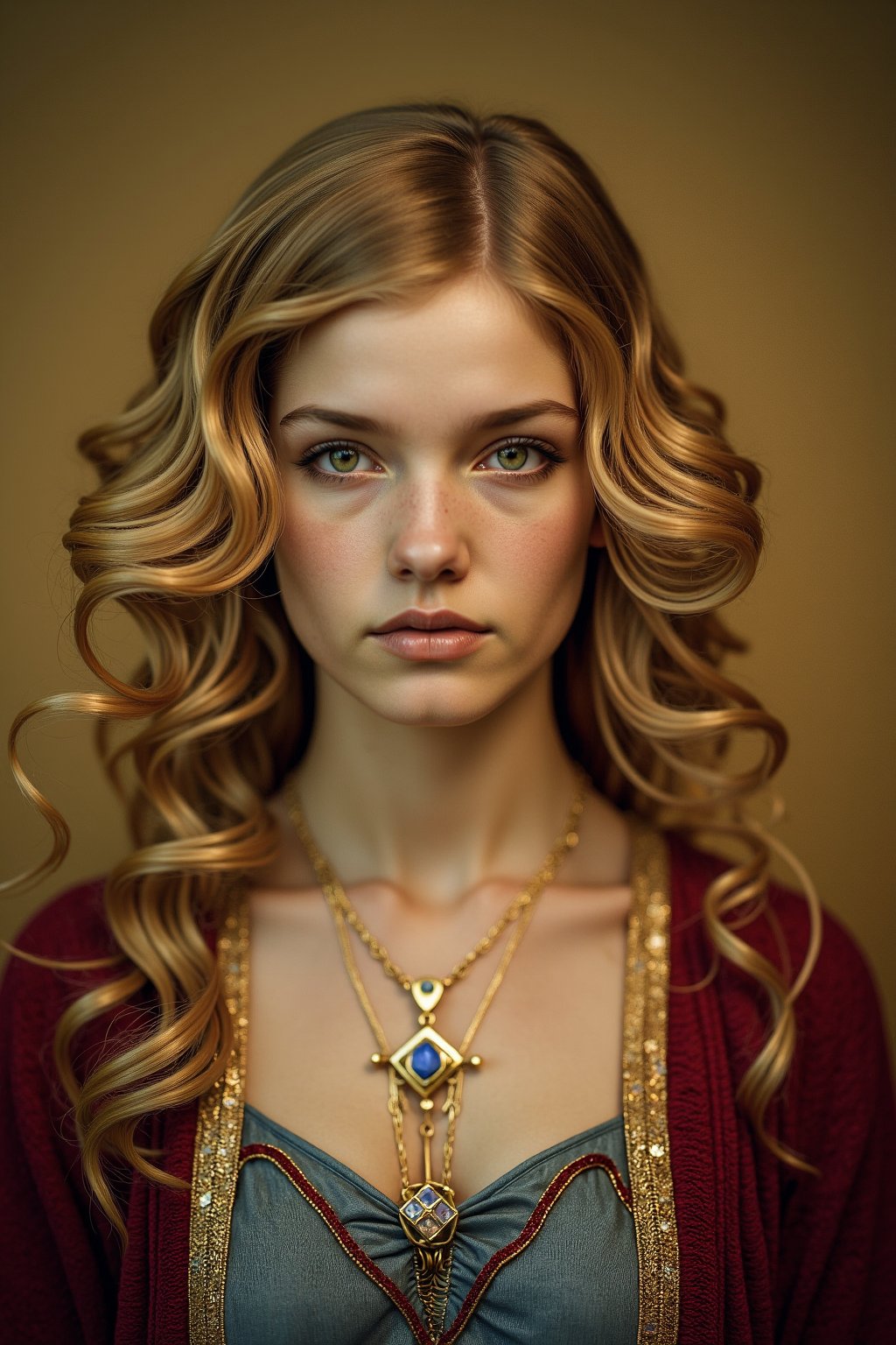 A close-up photo portrait of a young girl with soft, wavy blonde hair cascading over her shoulders. She’s wearing an intricately designed golden necklace with a deep blue diamond, designed in the FLUXEvue style, around her neck. Her expression is alluring, with a hint of mystery in her half-smile, eyes glinting seductively. The lighting is warm and soft, creating a gentle glow on her skin, with subtle shadows highlighting the contours of her face. Shot with a Hasselblad H6D-400c MS, low exposure, high contrast, ISO 100, with a 120mm macro lens. Bokeh.