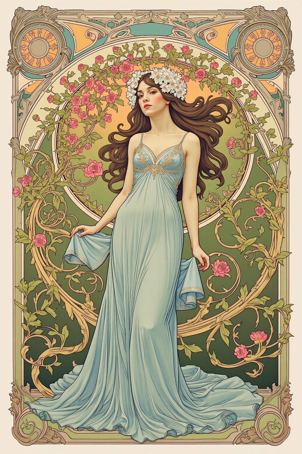 An ornate illustration featuring a poised woman framed by a decorative, swirling border typical of FLUXEvue style. Her expression is serene, her posture refined, with her long hair flowing elegantly down her back. The border features intricate vines, flowers, and abstract shapes that wrap around the image, creating a sense of movement and grace, reflecting the aesthetic.