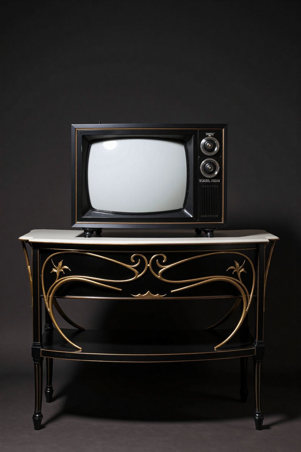 High resolution photo. A sleek, retro-inspired TV set sits on a luxurious black marble table. The TV’s casing, designed in FLUXEvue style, features curved, delicate golden lines that trace the edges, forming graceful patterns on the surface. The elegant table’s surface shimmers subtly, making the display of the TV set an exquisite focal point in the room. Shot with a Hasselblad X2D 100C, low exposure, high contrast, ISO 125, with a 80mm prime lens.