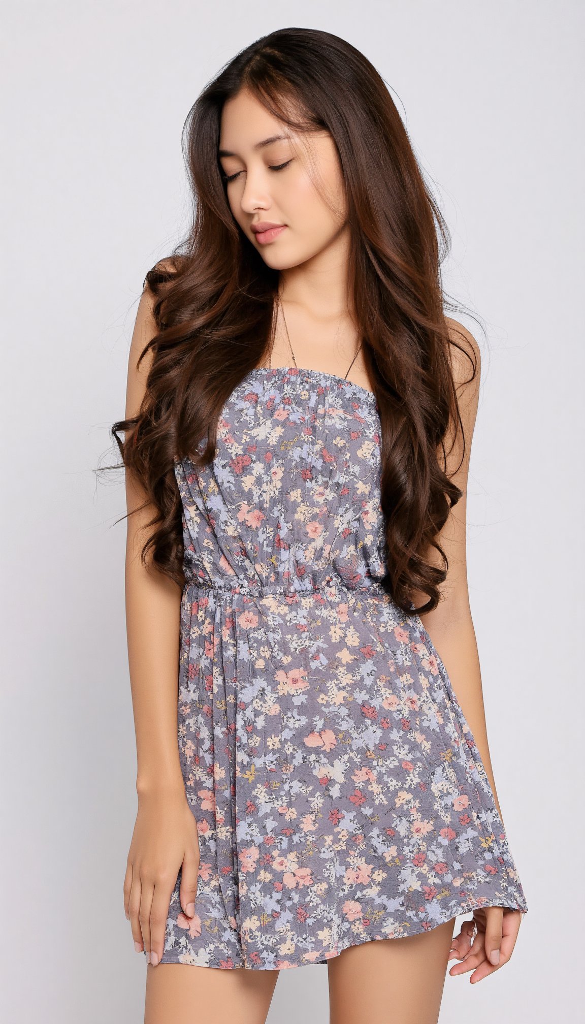 a young woman with long dark brown hair, beautiful young woman wearing sundress, white background