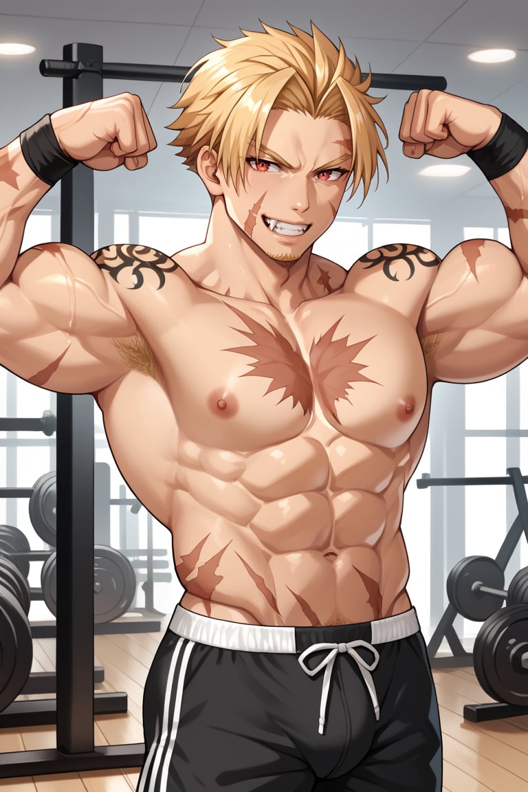 score_9,score_8_up,score_7_up,score_6_up,score_5_up,score_4_up,source_anime,Fate Grand Order,FGO,Beowulf,berserker,masculine,blonde,red eyes,tall,muscular,buff,scars,tattoo,short hair, gym, bodybuilder, grin, smug, sexy, hunk, stud, massive bulge, black shorts, muscular, flexing huge biceps, large biceps, 12 pack abs, upper waist up, upper body part, waist up, chiseled, swollen, fangs, daddy, 