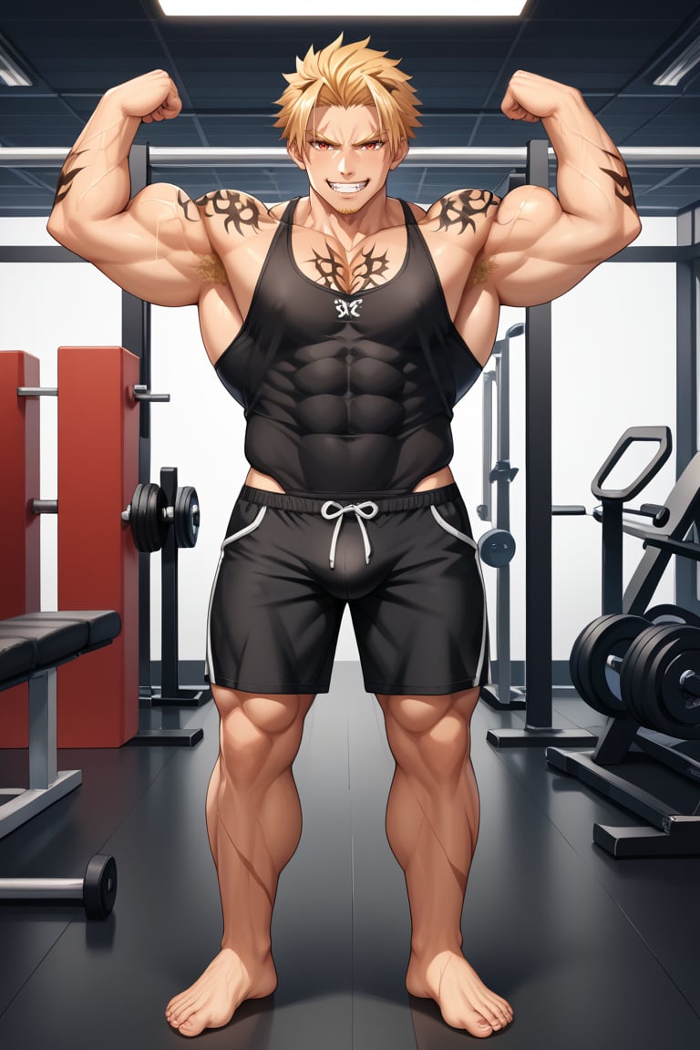 score_9,score_8_up,score_7_up,score_6_up,score_5_up,score_4_up,source_anime,Fate Grand Order,FGO,Beowulf,berserker,masculine,blonde,red eyes,tall,muscular,buff,scars,tattoo,barefoot,short hair, gym, bodybuilder, grin, smug, sexy, hunk, stud, massive bulge, black shorts, barefoot, muscular, flexing huge biceps, large biceps, 12 pack abs