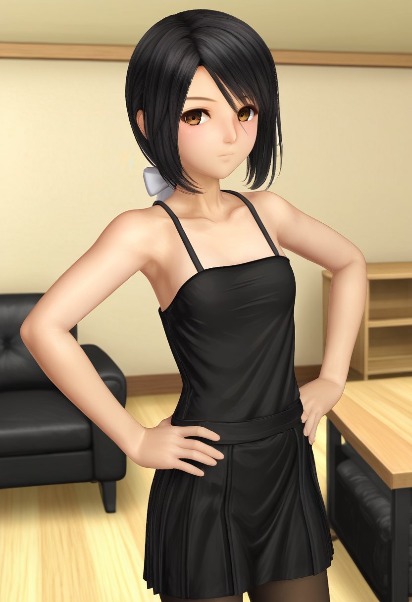 1girl, solo, himenoharuka, black hair, low ponytail, brown eyes, hair bow, white bow, black dress, sleeveless, collarbone, black pantyhose, indoors, living room, standing, hand on hip, looking at viewer,