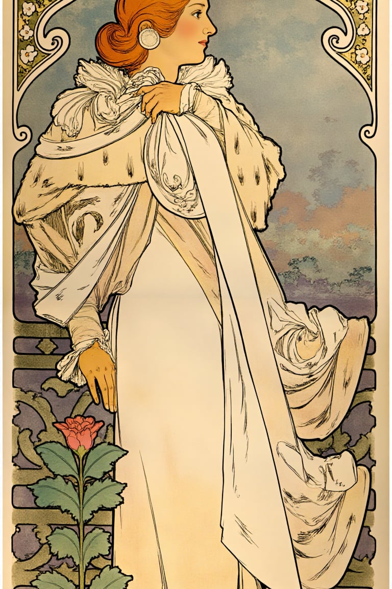 "Art Nouveau painting featuring a tall, beautiful young woman in a flowing white gown with intricate folds. The overall style is characterized by elegant lines, soft pastel colors, and detailed floral motifs typical of Alphonse Mucha’s Art Nouveau work."
