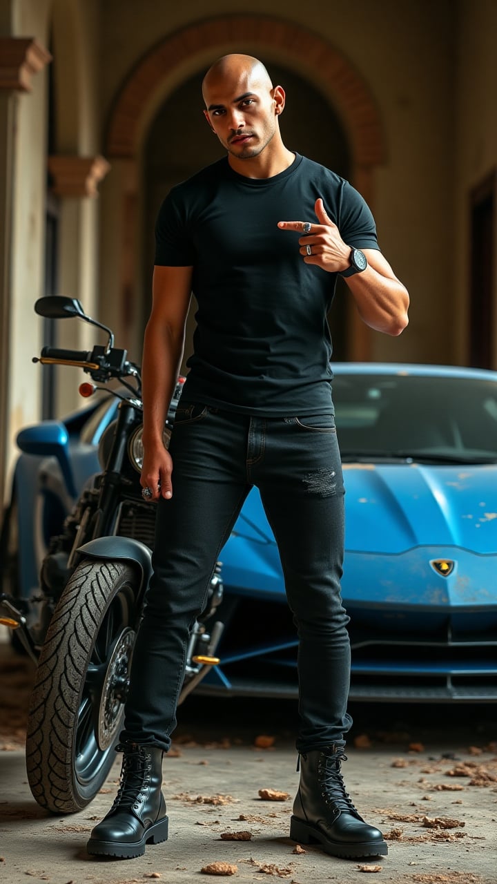 Create a hyper-realistic image of Jaya Aksara, a 30-year-old male, standing at 5'10" with a fit build and pale skin, completely hairless. He stands confidently, holding a Harley motorcycle in his right hand and gesturing toward a sleek blue Lamborghini supercar in his left hand, all set against the backdrop of a luxurious yet abandoned home. He wears a fitted black T-shirt, tailored black jeans, and rugged black boots, accessorized with stylish rings that enhance his edgy look. The camera captures a direct, engaging angle that showcases his charisma and strength. The decaying grandeur of the architecture provides a striking contrast to his effortlessly cool style. Use cinematic lighting to create dramatic shadows filtering through broken windows, adding depth and intrigue to the scene. Ensure the image is in HD quality with impeccable detail, achieving an ultra-realistic portrayal.