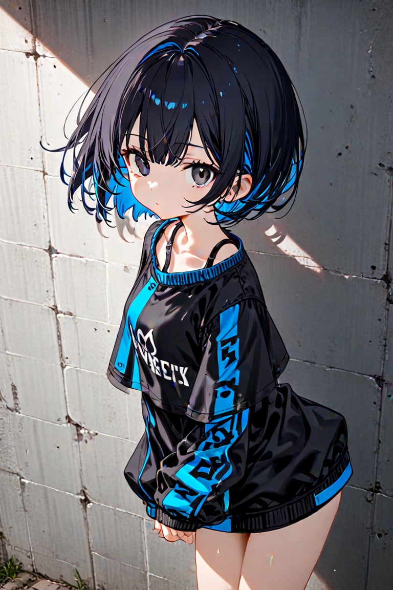 1girl. solo, alone, short hair, pixie cut, jet-black hair, fluorescent blue inner hair color, black eyes, clothes, random clothes,