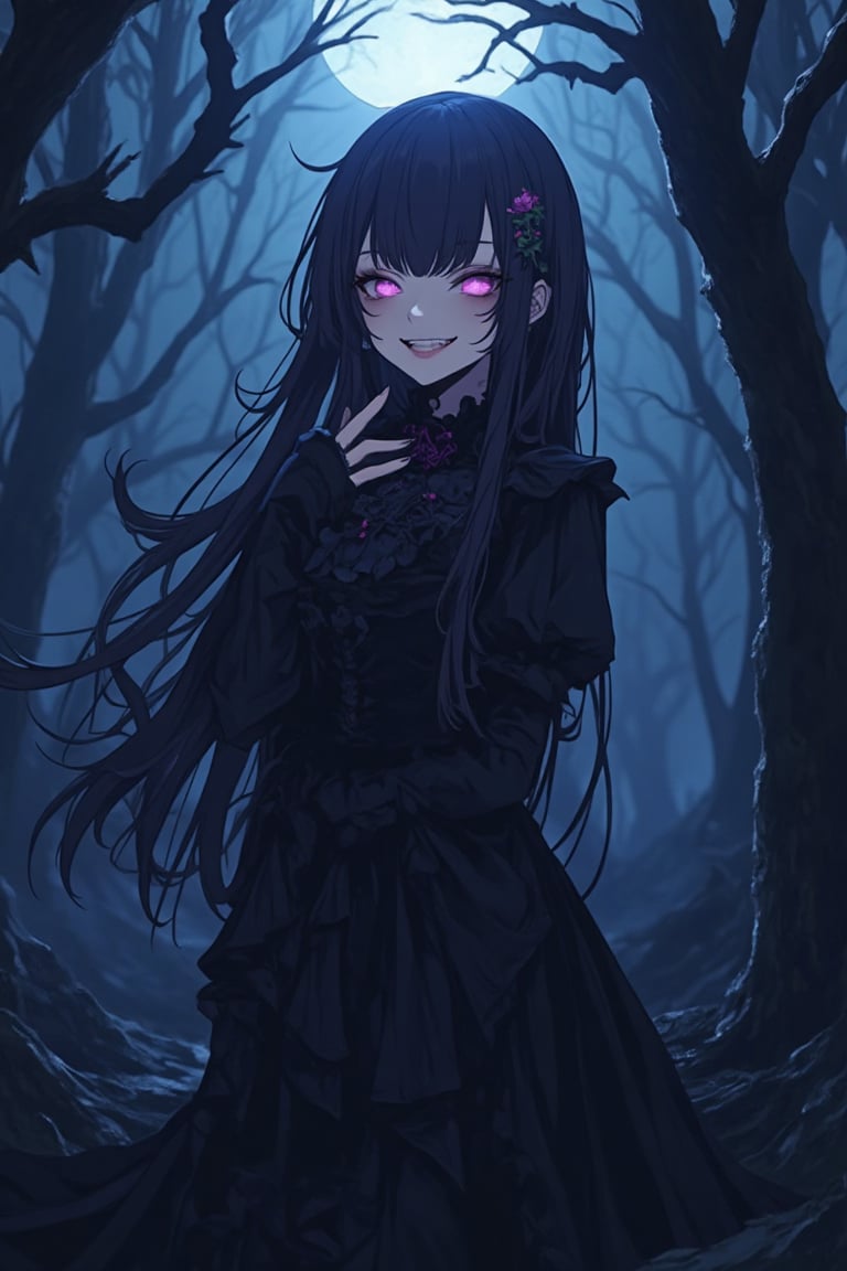 A vibrant Nightcore anime scene with a dark, gothic twist. The girl has long, flowing hair and is dressed in a dark, ornate Victorian-style dress. She stands in a dimly lit, eerie forest, surrounded by twisted trees and fog. The girl is smiling mischievously, her eyes glowing with a sinister light. The composition is centered on her, with the background slightly blurred to emphasize her presence. The lighting is moody, with deep shadows and a hint of moonlight breaking through the canopy.