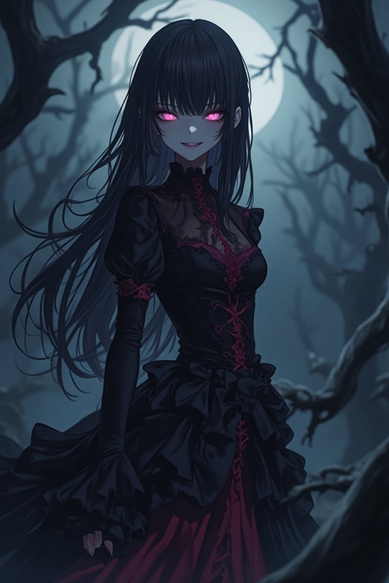 A dark, gothic anime scene with a Nightcore aesthetic. The girl has long, flowing hair and is dressed in a dark, ornate Victorian-style dress, featuring magenta red accents. She stands in a dimly lit, eerie forest, surrounded by twisted trees and fog. The girl is smiling mischievously, her eyes glowing with a sinister light. The composition is centered on her, with the background slightly blurred to emphasize her presence. The lighting is moody, with deep shadows and a hint of moonlight breaking through the canopy.