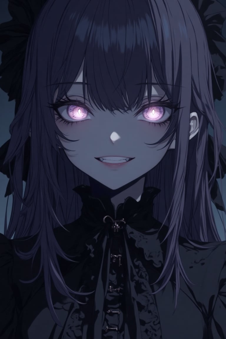 A close-up shot of a girl's face in a Nightcore anime style with a dark, gothic twist. Her long, flowing hair frames her face, and she wears a dark, ornate Victorian-style dress. The girl is smiling mischievously, her eyes glowing with a sinister light. The lighting is moody, with deep shadows and a hint of moonlight highlighting her features. The composition is tight, focusing solely on her face, capturing her eerie yet captivating expression.