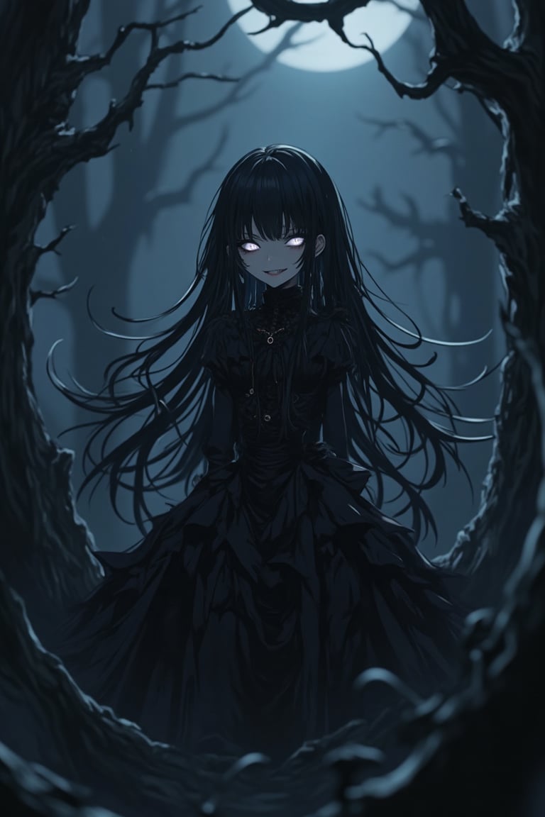 A dark, gothic anime scene with a Nightcore aesthetic. The girl has long, flowing hair and is dressed in a dark, ornate Victorian-style dress. She stands in a dimly lit, eerie forest, surrounded by twisted trees and fog. The girl is smiling mischievously, her eyes glowing with a sinister light. The composition is centered on her, with the background slightly blurred to emphasize her presence. The lighting is moody, with deep shadows and a hint of moonlight breaking through the canopy.