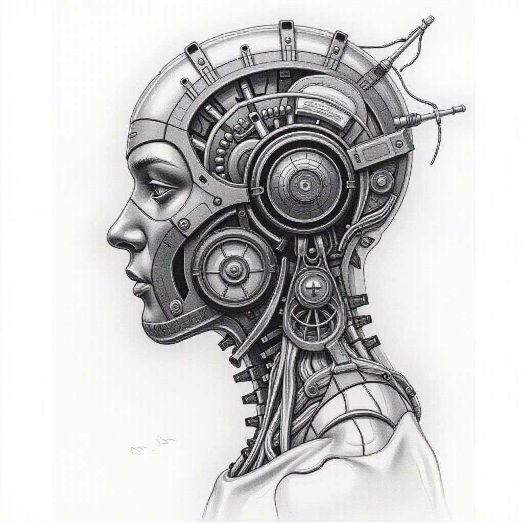 Charcoal drawing, black pencil drawing, pencil drawing, line drawing, black and white drawing, graphite drawing, White background Tattoo sketch, double exposure. high quality, high detail, painting suggests it is a mechanical creation, masterpiece, best quality, ultra realistic details. Science fiction. Robot mechanic in steampunk style