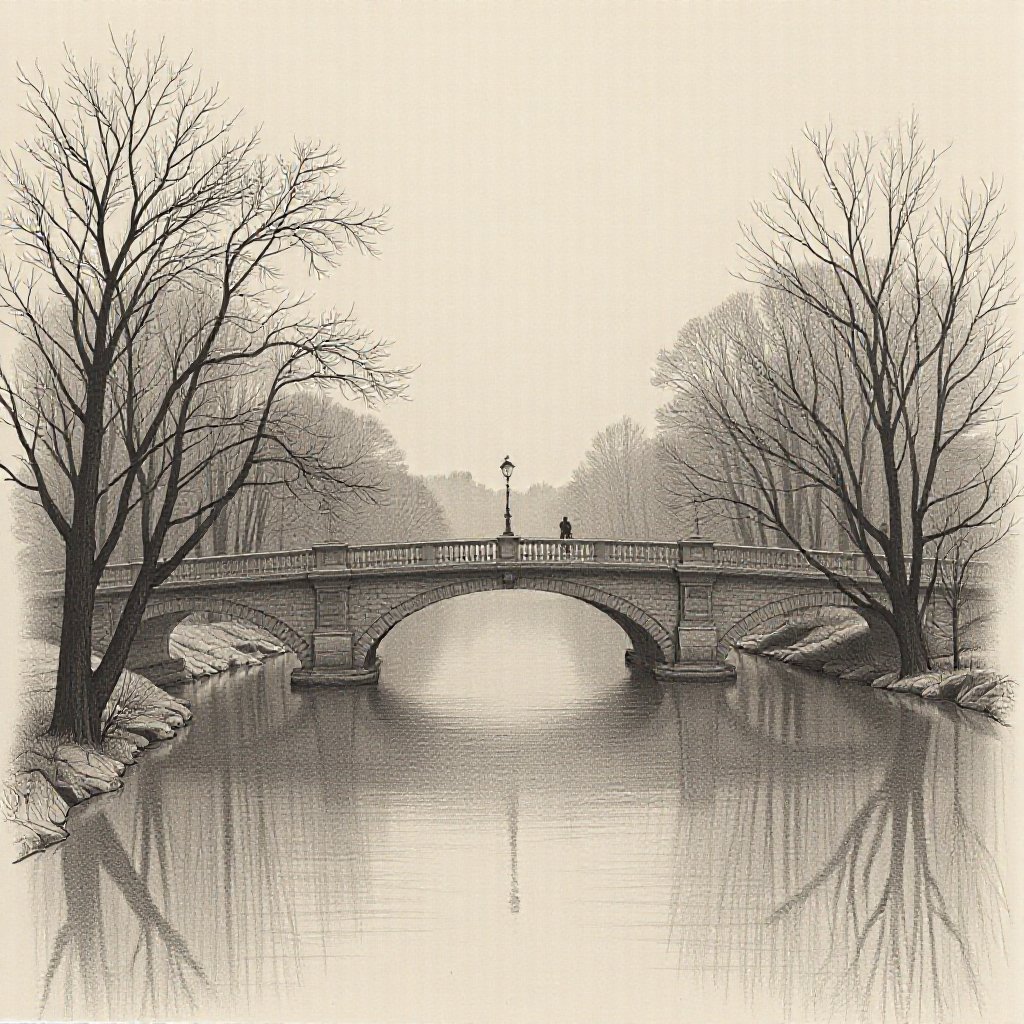 Charcoal drawing, graphite drawing, toned paper.
Charcoal drawings of a beautiful bridge