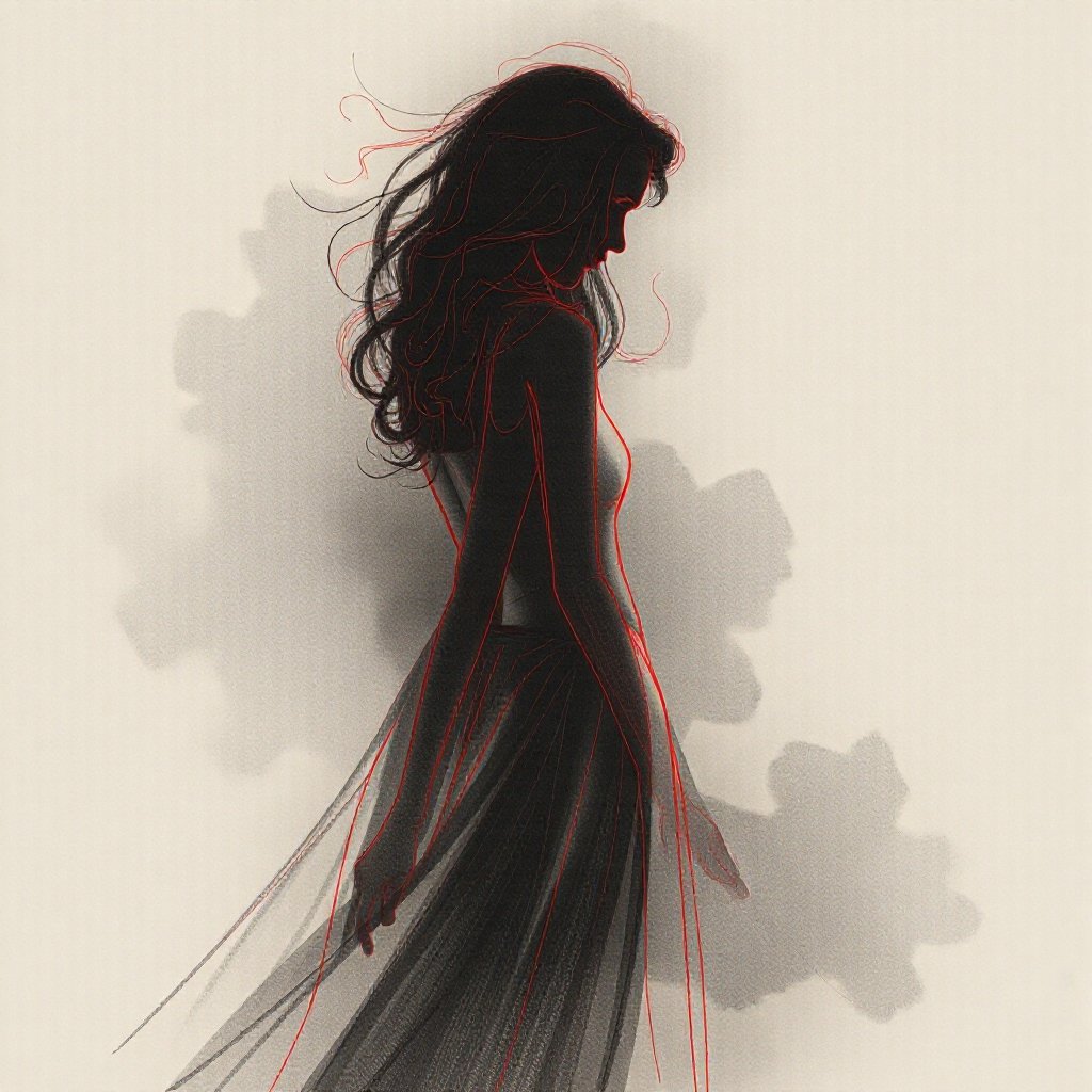 Charcoal drawing, close-up, Full body, Shadow art, red outline drawing, Red outline silhouette, flowing hair, silhouette of a beautiful young woman, perfect physique, slender graceful forms, charming modesty, perfection in a tight black silk dress, resolution 8k, Side view, Shadows, Mysterious, style of JWillem Haenraets, Brothers Grimm, Jean Baptiste Monge, Fragonard, Leonardo Da Vinci, painting in the style of Anders Zorn, Alexi Brilo, Luisa Royo