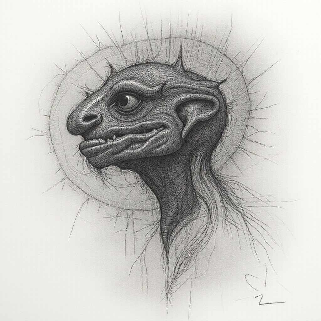 charcoal drawing strange creature by Pam Hawkes, drawing art style, expressive lines, dynamic composition