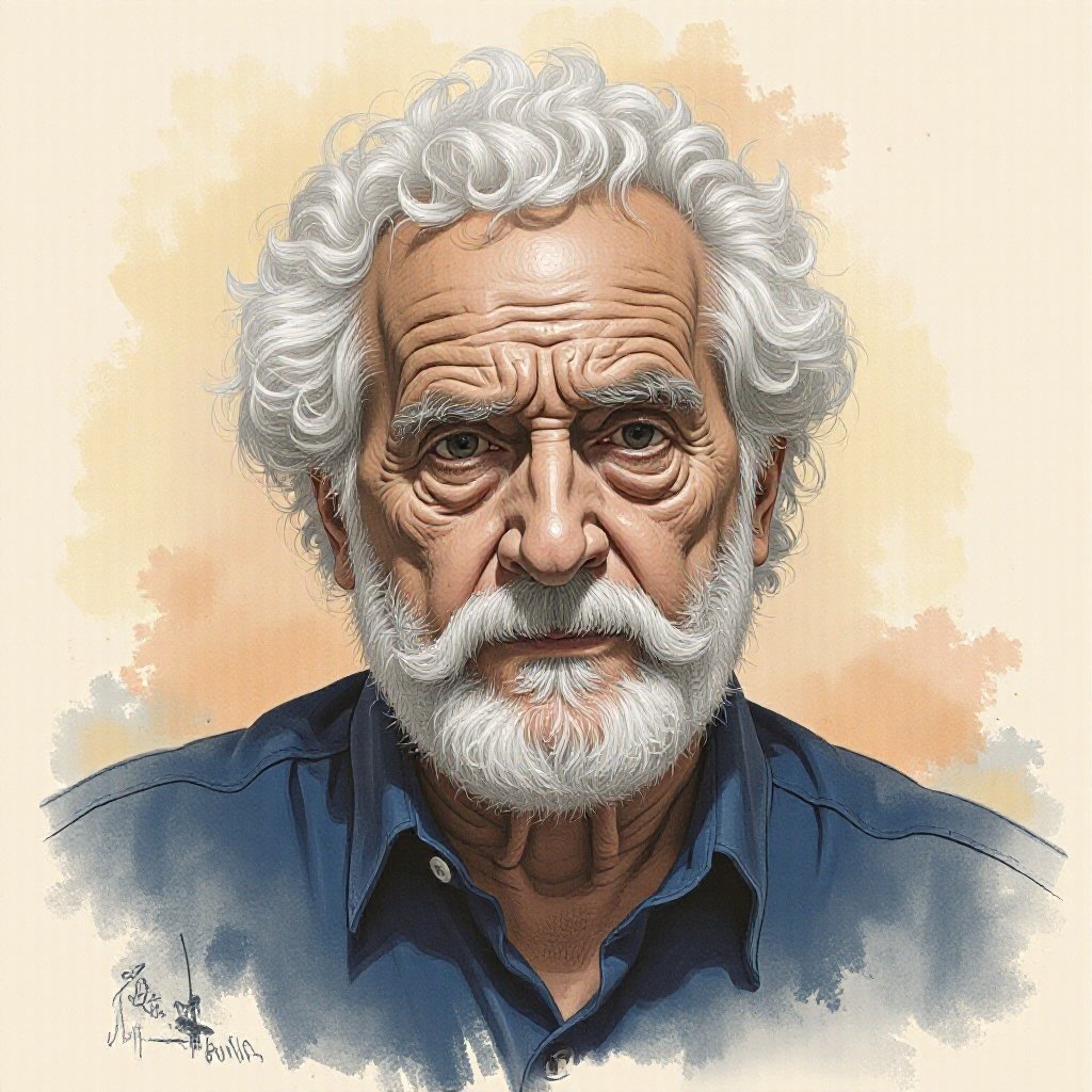 Charcoal and chalk drawings of a portrait of an elderly man with a white beard and mustache. He has a serious expression on his face and is looking directly at the camera. His eyes are wide open and his eyebrows are furrowed. He appears to be in his late 60s or early 70s. The background is a light beige color with splashes of blue and orange, giving the impression of watercolor. The man's hair is white and curly, and he is wearing a dark blue shirt. The overall mood of the image is somber and contemplative. Emotive faces