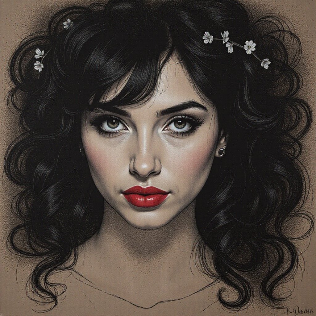 Charcoal drawing, crayons, close-up, portrait, mj, HDR, Art of Frank Frazetta, Jeffrey Catherine Jones, Michael Kalut, Michael Haig, Karn Griffiths, Ideal painting, realistic, Red lipstick, girl, beautiful, black hair, small flowers in hair, Dramatic light, high detail, Perfect face, perfect body, dynamic lighting, detailed background, Bastien Lecouf-Degarme, Carn Griffiths, E. Abramzon, Raphael, Caravaggio