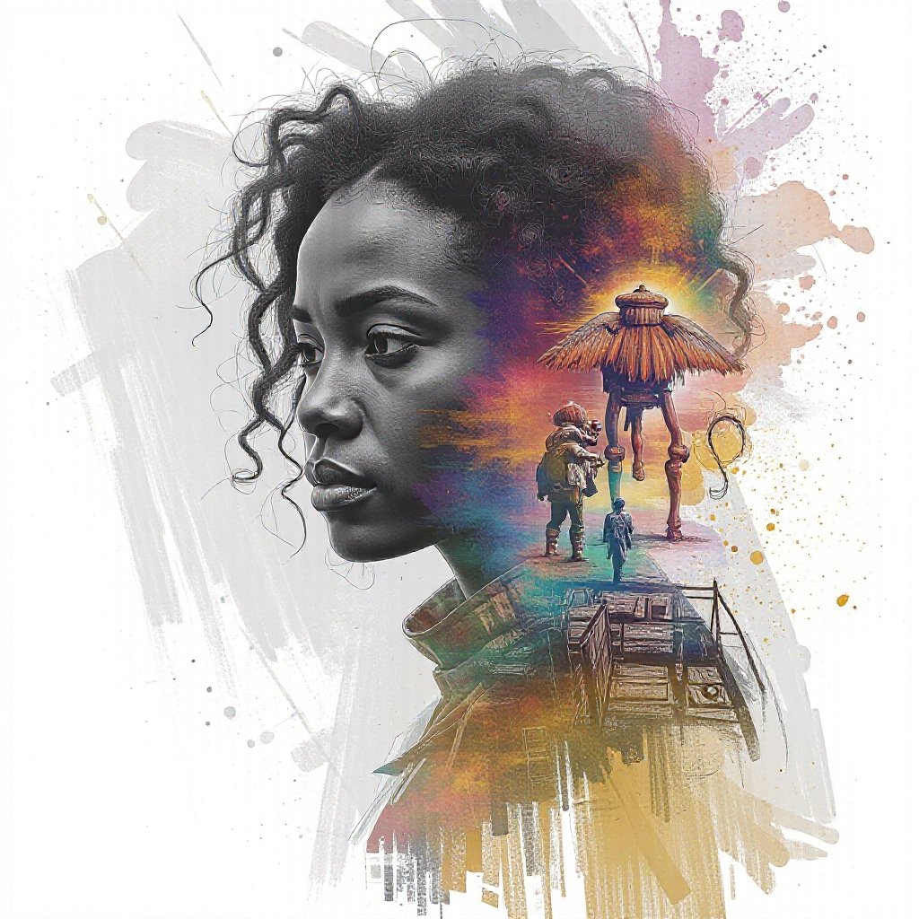 Charcoal drawing, graphite drawing, white background, bright rich colors, dark or moody setting, sense of depth and intrigue, film, sketch, Digital art, Futuristic creature, Julibria, Adventure, Double exposure, Beautiful woman, African landscape symbolizing the timeless connection between the past and the future. bright colors. bright colors, masterpiece, best quality, photorealistic, ultra-high resolution, photographic light, illustration, fairy tale, super detailed, art Andrey Atroshenko, Tanya Shatseva, Ross Tran, Anna Razumovskaya