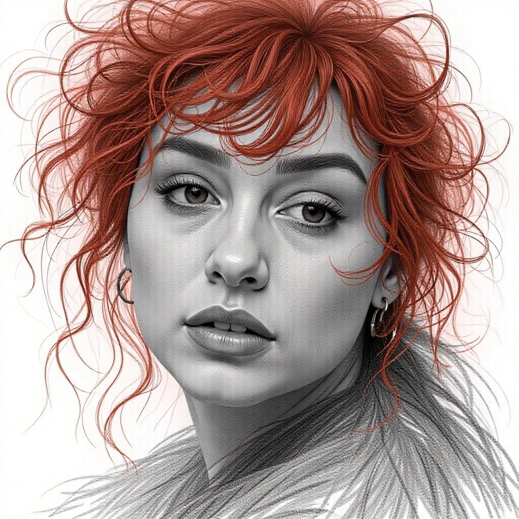 (masterpiece), (best quality), (ultra-detailed), Charcoal drawing, black pencil drawing, pencil drawing, line drawing, black and white drawing, graphite drawing, white background, dark or moody setting, sense of depth and intrigue, illustration, disheveled hair, detailed eyes, perfect composition, moist skin, intricate details, earrings, by wlop, Close up, portrait, painting of a woman with red hair, by Marek Okon, beautiful art uhd 4k, red wavy hair, very thick and oil paint, she has red hair style Jamie Wyeth, James Gillard, Edward Hopper, Greg Rutkowski Studio Ghibli Genshin Impact 