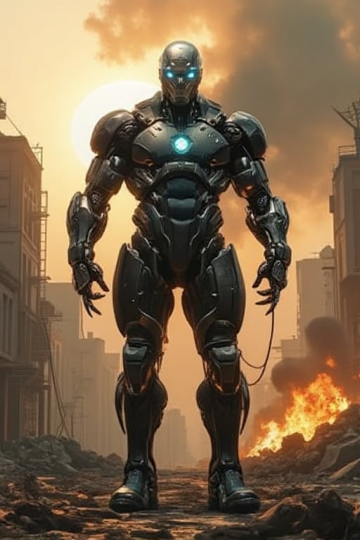 Render a futuristic scene in 2040: a war-torn cityscape with ruins and rubble strewn across the ground. In the center, a powerful cyborg warrior stands tall, its metal body glistening under the harsh lighting of a setting sun. The cyborg's glowing blue eyes seem to pierce through the smoke-filled air as it surveys the devastation around it. Its arms are crossed, displaying sharp claws and a menacing posture. In the background, flames engulf nearby buildings while debris litters the streets. Capture the gritty realism of this apocalyptic landscape.,mancyborg