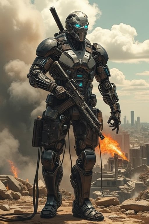 A cyborg soldier stands victorious amidst a backdrop of ruins, smoke billowing from the destroyed cityscape. The cyborg's metallic body glistens under the harsh, overhead lighting, its glowing blue eyes fixed intently on the horizon. In one hand, it wields a heavy assault rifle, while the other cradles a sleek, high-tech device. A streak of destruction cuts through the air behind it, a testament to its devastating capabilities.,mancyborg