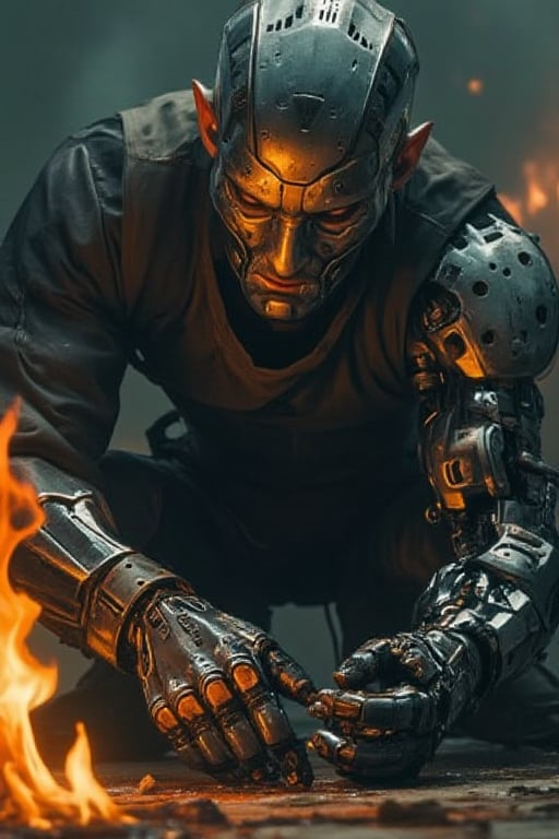 A close-up shot of a cyborg's metallic faceplate reflects a determination to overcome adversity as he operates his prosthetic limb with precision. His gaze is fixed on the mechanical arm, which lies discarded and mangled on the battlefield-drenched ground. The dimly lit environment, illuminated only by flickering flames, casts an eerie glow on the cyborg's rugged features.,mancyborg