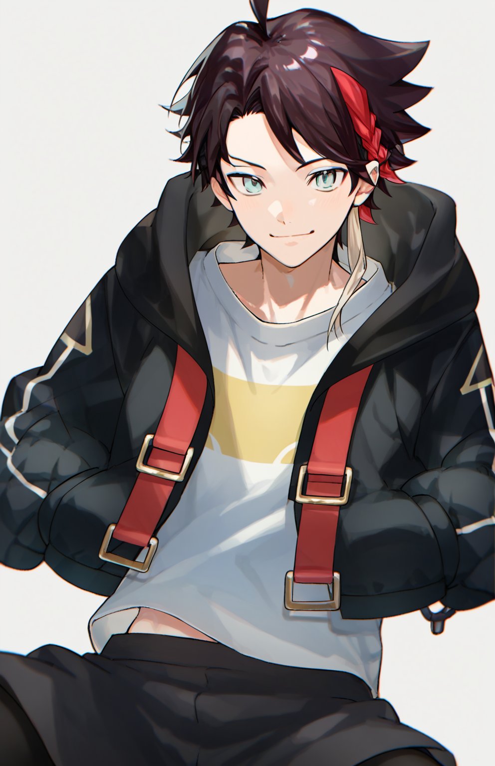 score_8_up, solo_focus, solo, 1boy,　saegusa akina,hoodied jacket,black shorts,black leggings,streaked hair,multicolored hair,black hair,red hair,ahoge, white_shirt, smile, pov, teenager