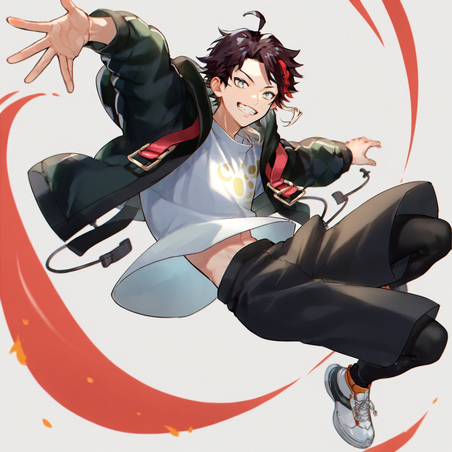 score_8_up, solo_focus, solo, 1boy,　saegusa akina,hoodied jacket,black shorts,black leggings,streaked hair,multicolored hair,black hair,red hair,ahoge, black_shirt, smile, grin, jumping, (wind),from_side