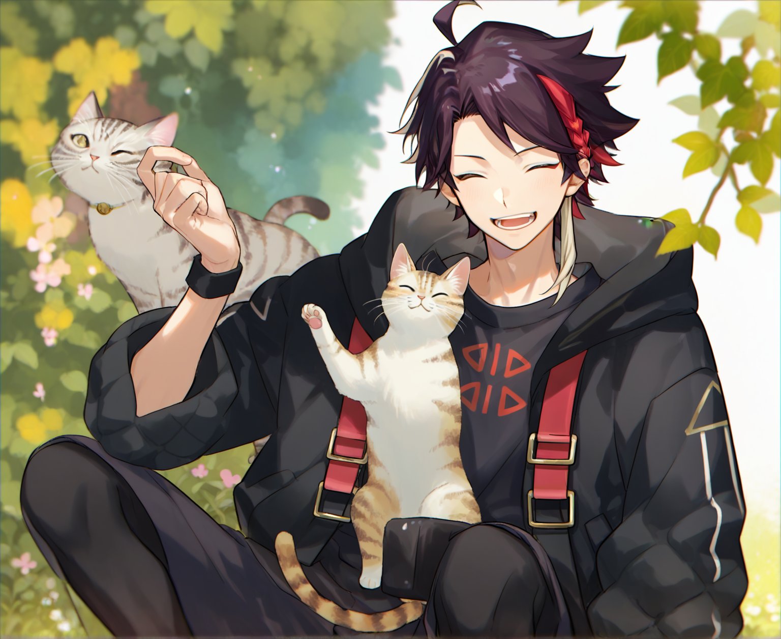 score_8_up, solo_focus, solo, 1boy,　saegusa akina,hoodied jacket,black shorts,black leggings,streaked hair,multicolored hair,black hair,red hair,ahoge, black_shirt, ^_^, looking at a cat, closed_eyes