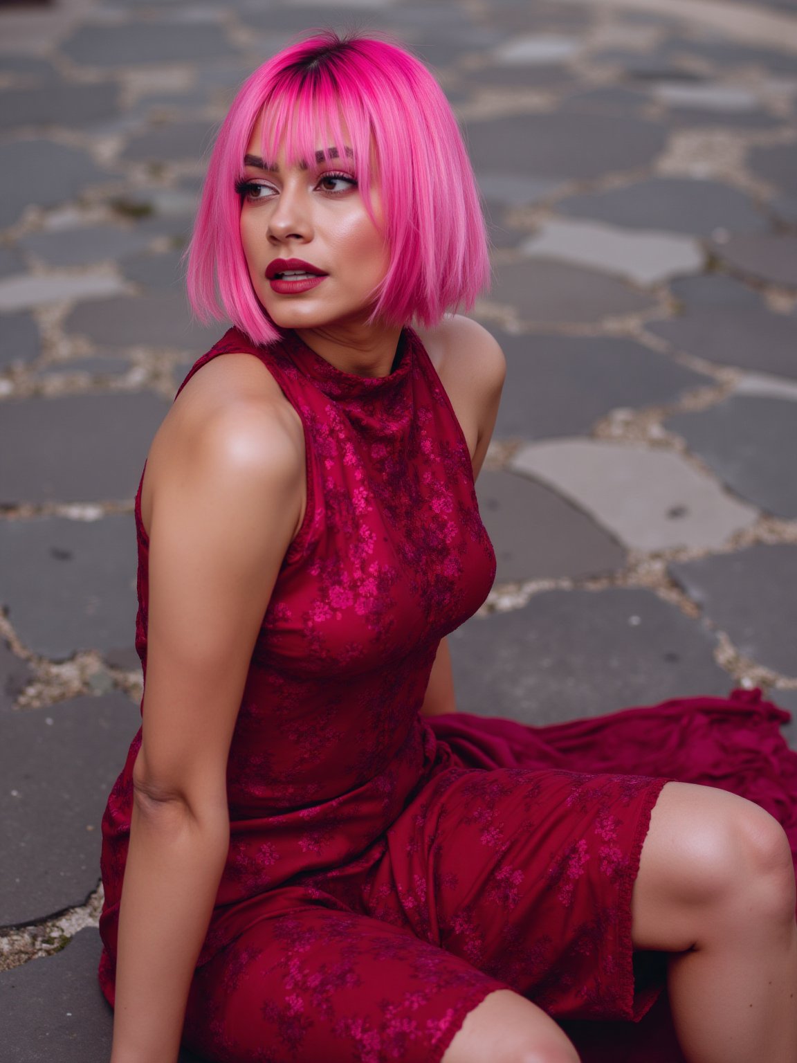 A striking abstract fashion shoot featuring a beautiful pink supermodel with a straight pink bob hairstyle in sexy obscure clothes, obscure locations, obscure poses, obscure make up,RamandeepKaur,Bangali_girl