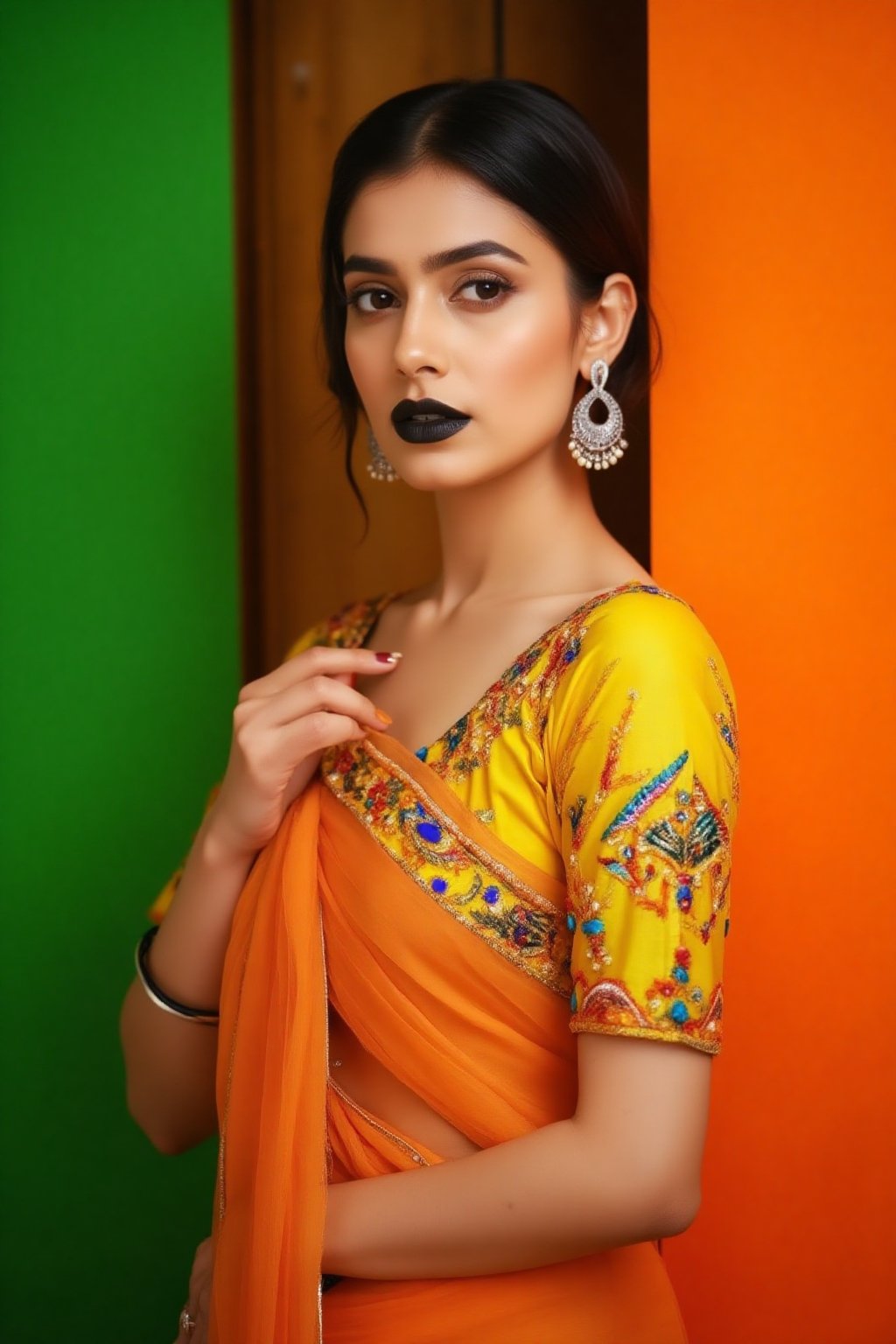 a woman dressed in a traditional Indian outfit stands in front of a vibrant orange backdrop. The woman's outfit is adorned with a yellow blouse, adorned with blue, red, and orange accents. She is wearing a pair of silver earrings, and a ring on her finger. Her hair is styled in a sleek bob, and her eyes are focused on the camera. She has a serious expression on her face, and she is wearing black lipstick. Her left hand is draped over her right shoulder, adding a touch of contrast to her outfit. The backdrop is a combination of green and orange, creating a striking contrast to the woman's body.,Payal