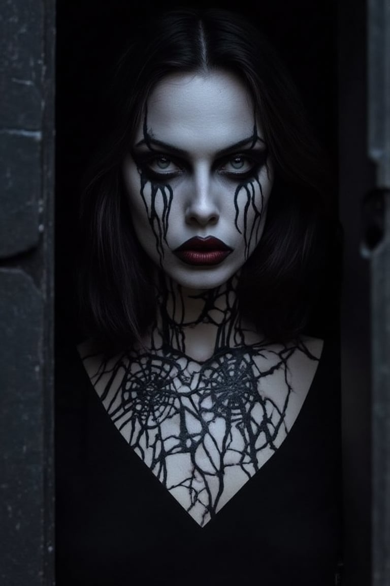 A hauntingly beautiful woman with porcelain skin and raven-black hair, dons a terrifying Halloween costume. Her eyes are shrouded in dark shadowy eyeliner, while her lips are painted a deep crimson red. A spider's web of intricate makeup covers her cheeks, adding to the eerie atmosphere. Framed by a dark doorway, she appears to be emerging from the shadows, her presence both captivating and unsettling.