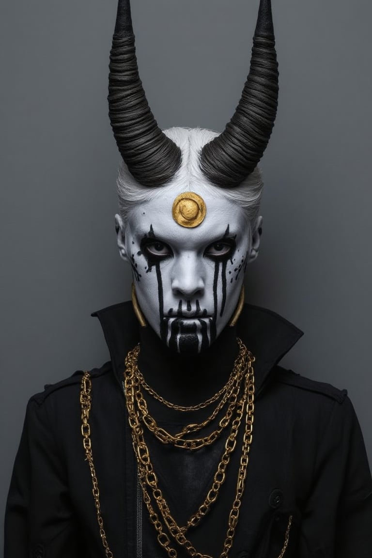 a demon-like figure stands against a stark grey backdrop. The figure's face is adorned with a white face, adorned with black and gold accents. The head is encased in two pointed black horns, with a gold ring in the center of their head. The eyes are a piercing, adding a touch of contrast to the figure's features. Its mouth is painted with a black smock, creating a striking contrast with the white face. Its features are adorned with golden chains hanging from its neck. The background is a muted gray, adding depth to the scene.