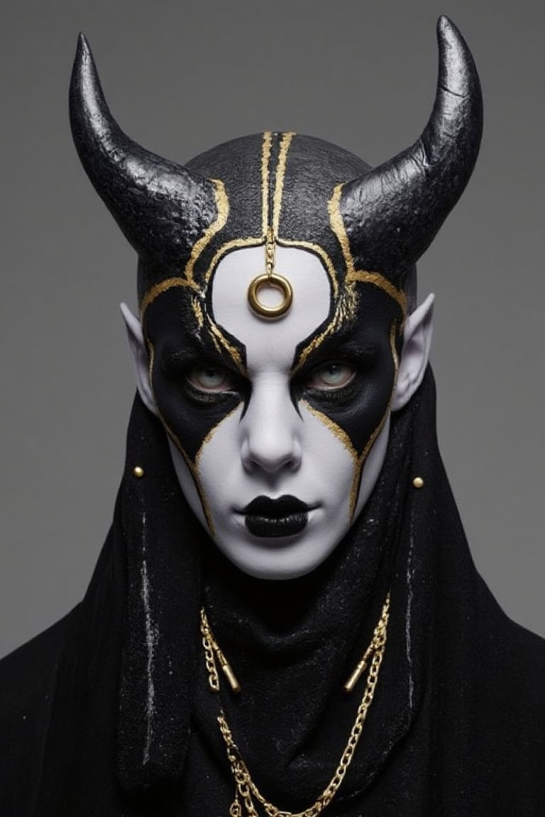 a demon-like figure stands against a stark grey backdrop. The figure's face is adorned with a white face, adorned with black and gold accents. The head is encased in two pointed black horns, with a gold ring in the center of their head. The eyes are a piercing, adding a touch of contrast to the figure's features. Its mouth is painted with a black smock, creating a striking contrast with the white face. Its features are adorned with golden chains hanging from its neck. The background is a muted gray, adding depth to the scene.