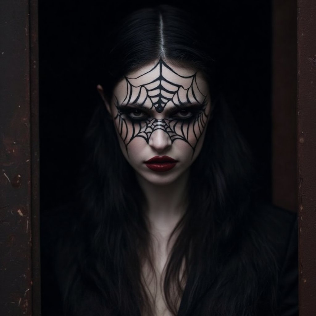 A hauntingly beautiful woman with porcelain skin and raven-black hair, dons a terrifying Halloween costume. Her eyes are shrouded in dark shadowy eyeliner, while her lips are painted a deep crimson red. A spider's web of intricate makeup covers her cheeks, adding to the eerie atmosphere. Framed by a dark doorway, she appears to be emerging from the shadows, her presence both captivating and unsettling.