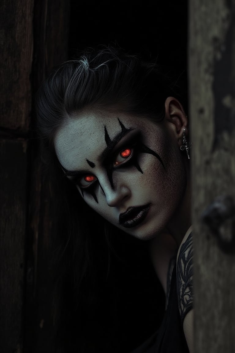 A eerie and enchanting shot: A woman with a complexion as pale as moonlight sits in a dimly lit, ancient wooden doorway. Creepy Halloween makeup adorns her face, with thick black lines and glowing red eyes that seem to pierce through the shadows. Her skin is powdered like a ghost's, with dark eyeshadow that resembles a pirate's treasure chest. A silver earring in the shape of a cross glints in the faint light, as she poses with an air of mystery, her long black hair spilling down her back like a dark waterfall.