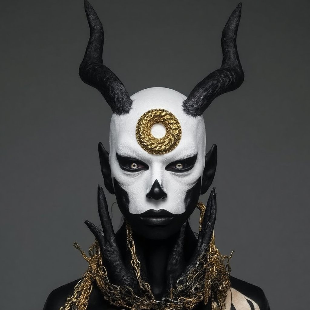 a demon-like figure stands against a stark grey backdrop. The figure's face is adorned with a white face, adorned with black and gold accents. The head is encased in two pointed black horns, with a gold ring in the center of their head. The eyes are a piercing, adding a touch of contrast to the figure's features. Its mouth is painted with a black smock, creating a striking contrast with the white face. Its features are adorned with golden chains hanging from its neck. The background is a muted gray, adding depth to the scene.