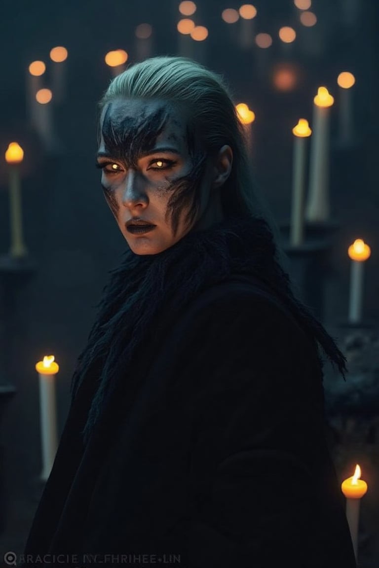 A dramatic shot of a woman, dubbed the 'Queen of Darkness,' adorns a haunting Halloween setting. Her porcelain skin is eerily illuminated by candlelight, while her eyes gleam with an otherworldly intensity. A dark, velvety cloak drapes over her shoulders, accentuating her statuesque figure. The camera captures her in mid-motion, as if summoning the shadows themselves to join her dance. A twisted, macabre makeup style transforms her into a true queen of the night, as she reigns supreme amidst a backdrop of creaking tombstones and flickering jack-o'-lanterns.