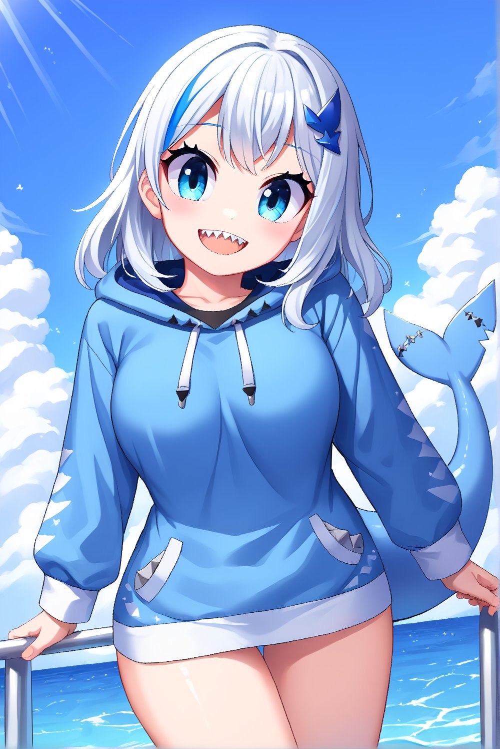 score_9, score_8_up, score_7_up, source_anime, 1girl, beautiful detailed eyes, ((masterpiece,best quality)), solo, ((gawr gura)), virtual youtuber, gawr gura 1st costume, sharp teeths, medium hair, white hair, hair ornament, ((hood up)), blue hoodie, shark tail, smile, curvy, head tilt, dynamic action, dynamic angle, dynamic shot
