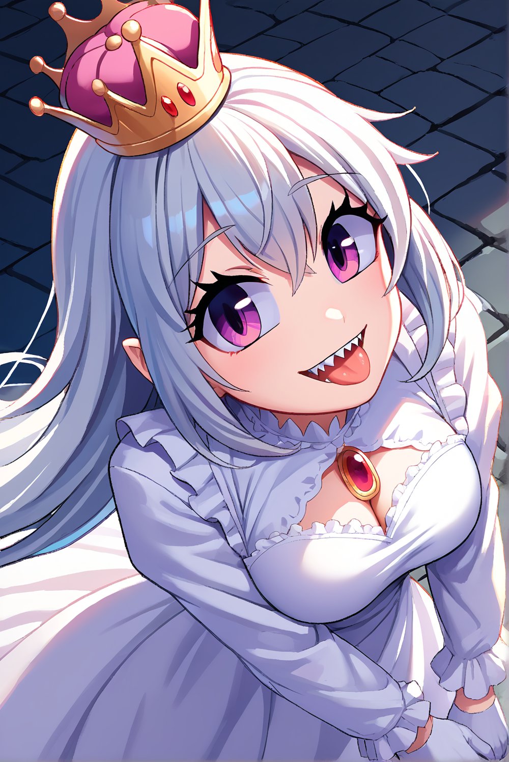  score_9, score_8_up, score_7_up, source_anime, 1girl, beautiful detailed eyes, ((masterpiece,best quality)), absurdres, solo, Boosette, fang, sharp teeth, sticking out her tongue, public indecency, degenerate face, lewd face, (crown:1.1), long hair, white hair, purple eyes, white dress, long sleeves, white gloves, smile, curvy, head tilt, dynamic action, dynamic angle, dynamic shot
