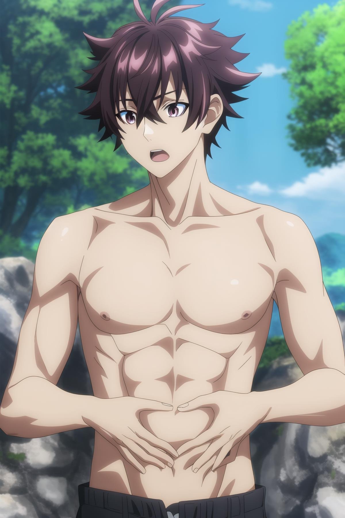 tenjou yuuya, 1boy, male focus, solo, brown hair, brown eyes, upper body, open mouth, topless male, outdoors, anime coloring, day, tree, blue sky, pectorals, rock, collarbone, blurry, fog, 