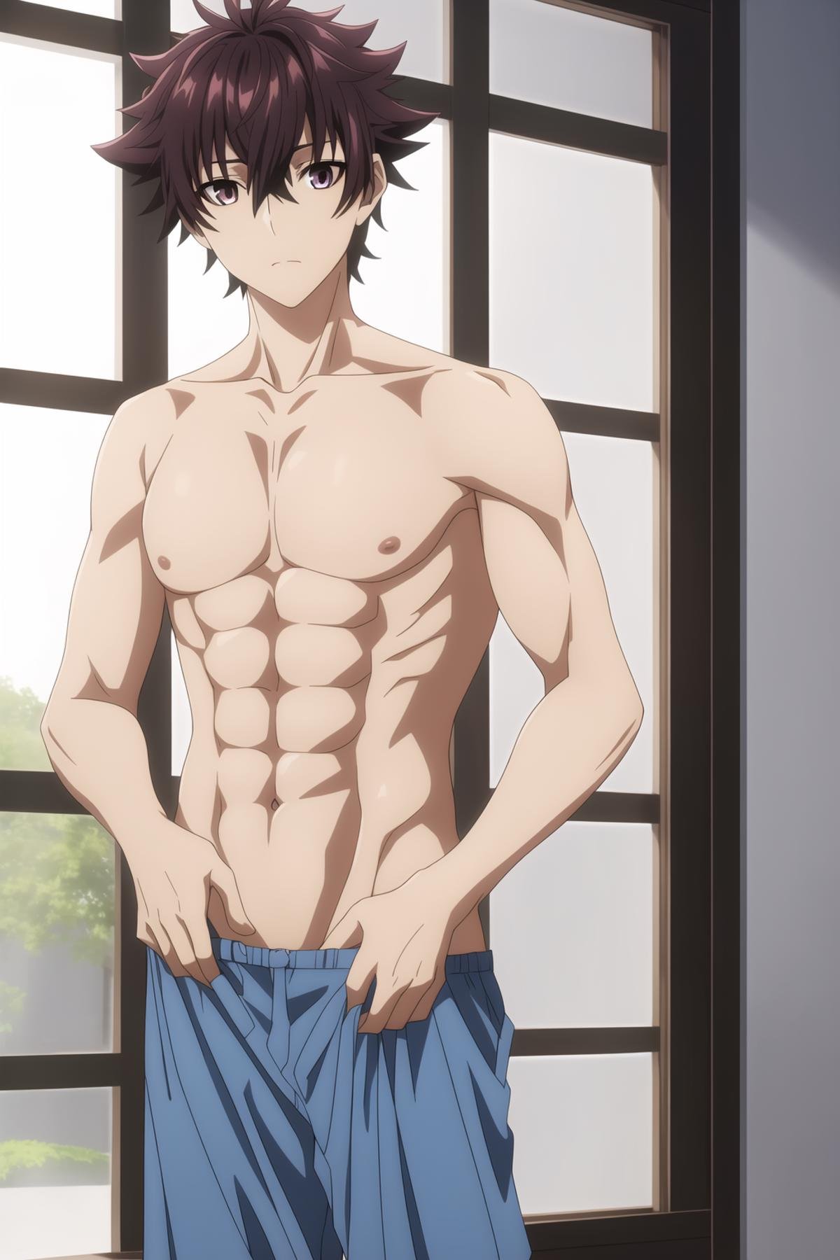 tenjou yuuya, 1boy, male focus, solo, brown hair, brown eyes, beautiful detailed face, beautiful detailed eyes, abs, indoors, pajamas, open clothes, blue pants, window, collarbone, 