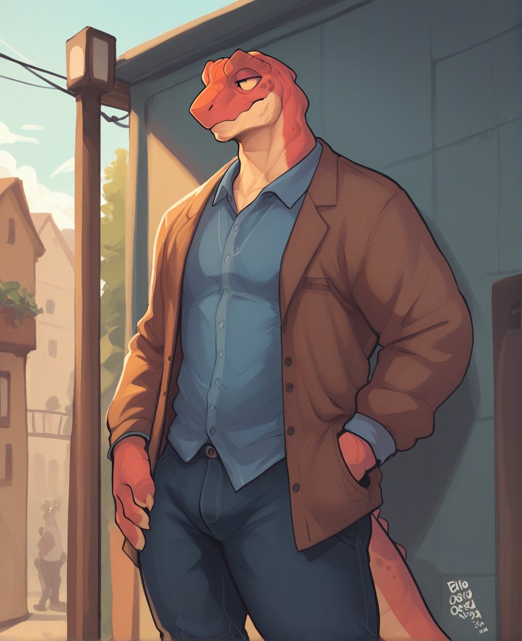 score_9, score_8_up, score_7_up,solo,standing,anthro,mature male,lizard,grenn body,clothed,bigcozyorca,furry