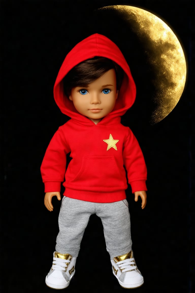 a medium-sized doll stands in front of a dark backdrop, adorned with a golden circle with a star in the center. The doll's head is adorned with dark brown hair, adding a pop of color to the otherwise monochromatic scene. The boy's outfit is a vibrant red hooded sweatshirt with a hoodie pulled up to his chest. His shoes are a light gray, with gold accents on them. His eyes are a piercing blue, and he has a serious look on his face. The backdrop is a deep black, creating a striking contrast to the doll's outfit.