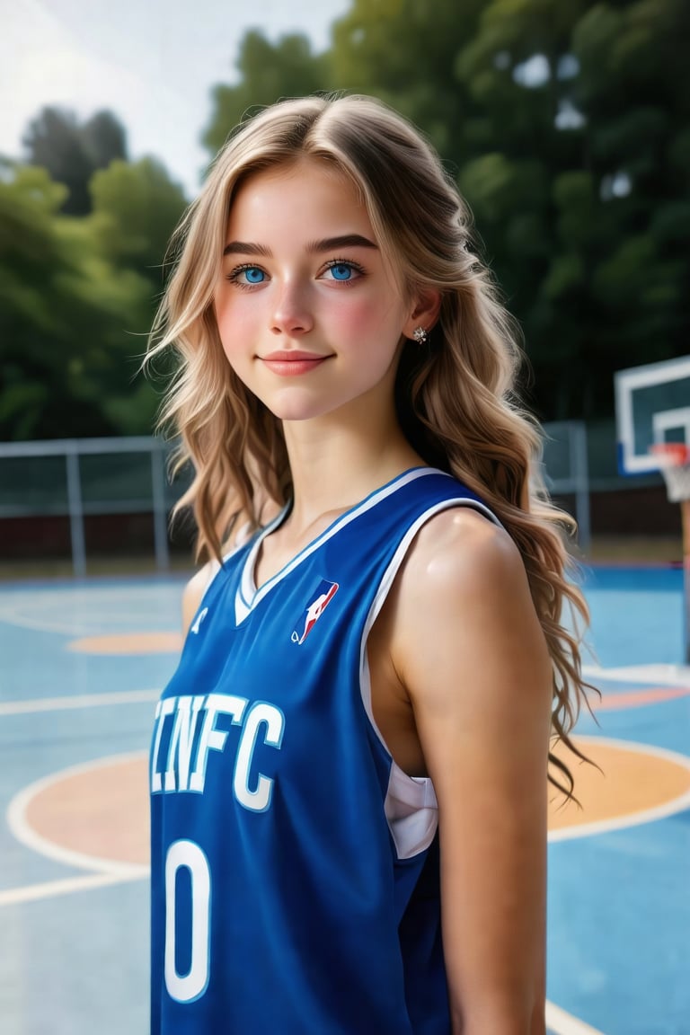 ((Generate hyper realistic full body portrait of  captivating scene featuring a stunning 20 years old girl,)) ((semi side view,)) with medium long blonde hair, flowing curls, little smile, donning a blue basketball  jersey, on a Olympic basketball court,  piercing, blue eyes, photography style , Extremely Realistic,  ,photo r3al,action shot