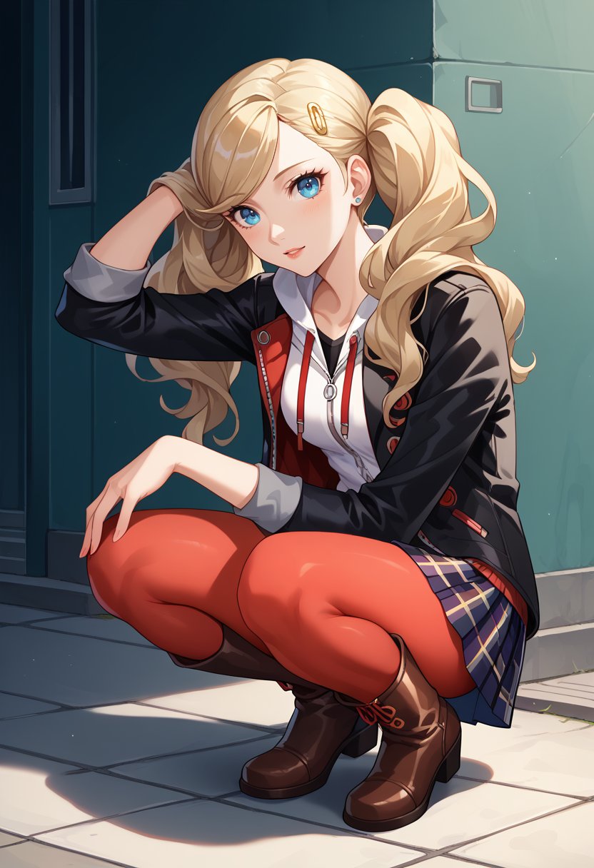 score_9, score_8_up, score_7_up, source_anime, AnnP5, blonde hair, long hair, twintails, hairclip, blue eyes, swept bangs, school uniform, black jacket, open jacket, white hoodie, plaid skirt, red pantyhose, 1girl, looking at viewer, pleated skirt, boots, solo focus, miniskirt, black skirt, brown footwear, squatting, hand in own hair, 