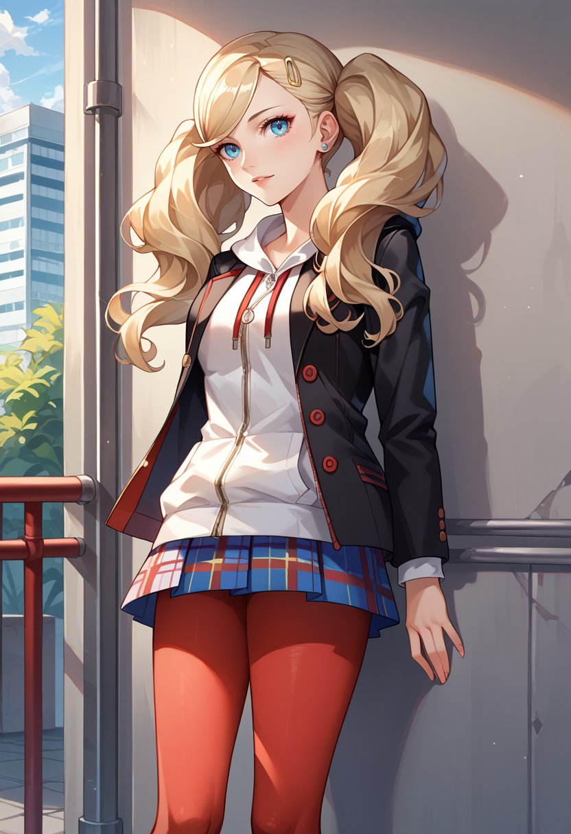 score_9, score_8_up, score_7_up, source_anime, AnnP5, blonde hair, long hair, twintails, hairclip, blue eyes, swept bangs, school uniform, black jacket, open jacket, white hoodie, plaid skirt, red pantyhose, cowboy shot, looking at viewer