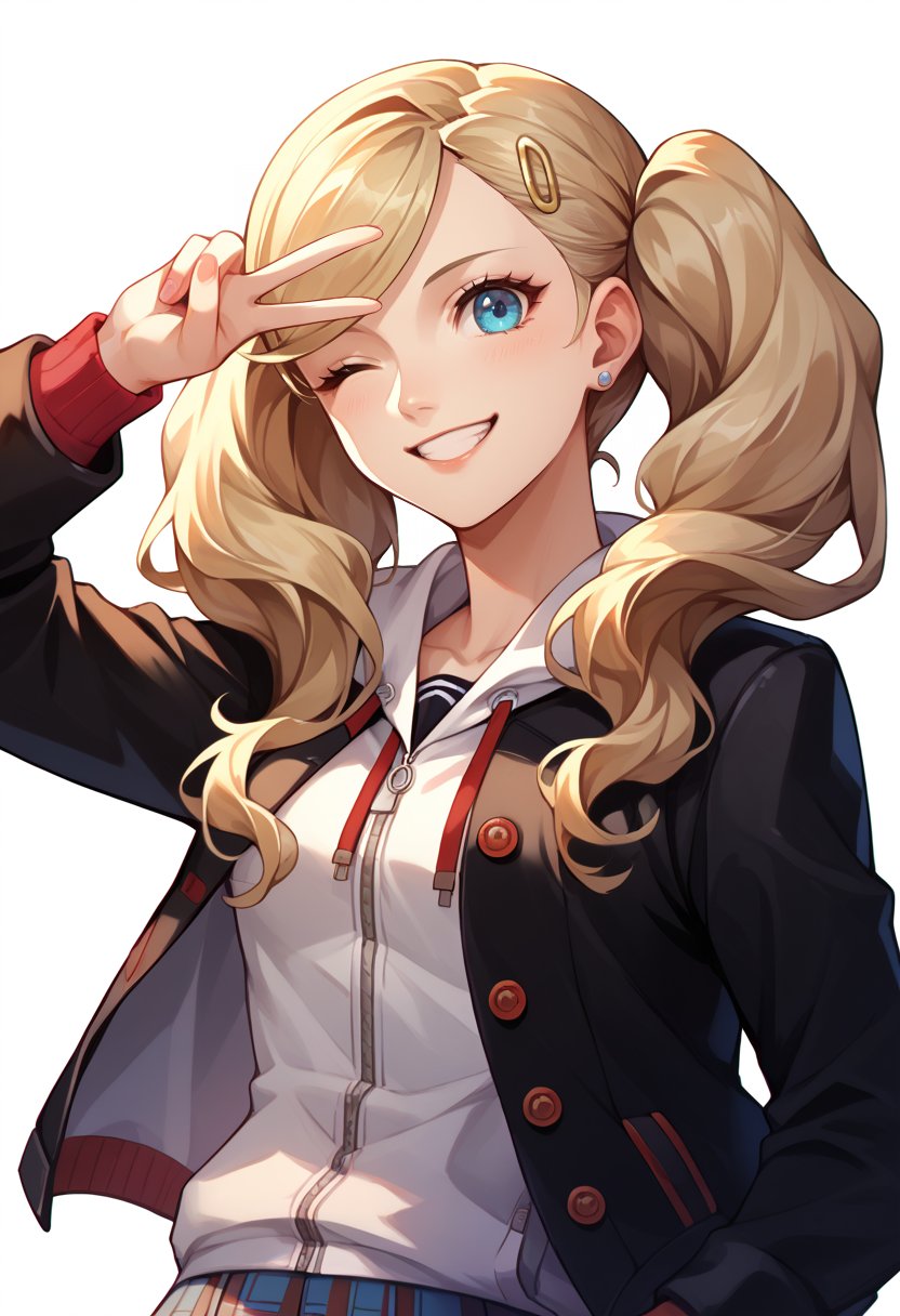 score_9, score_8_up, score_7_up, source_anime, AnnP5, blonde hair, long hair, twintails, hairclip, blue eyes, swept bangs, school uniform, black jacket, open jacket, white hoodie, plaid skirt, upper body, smile, one eye closed, v